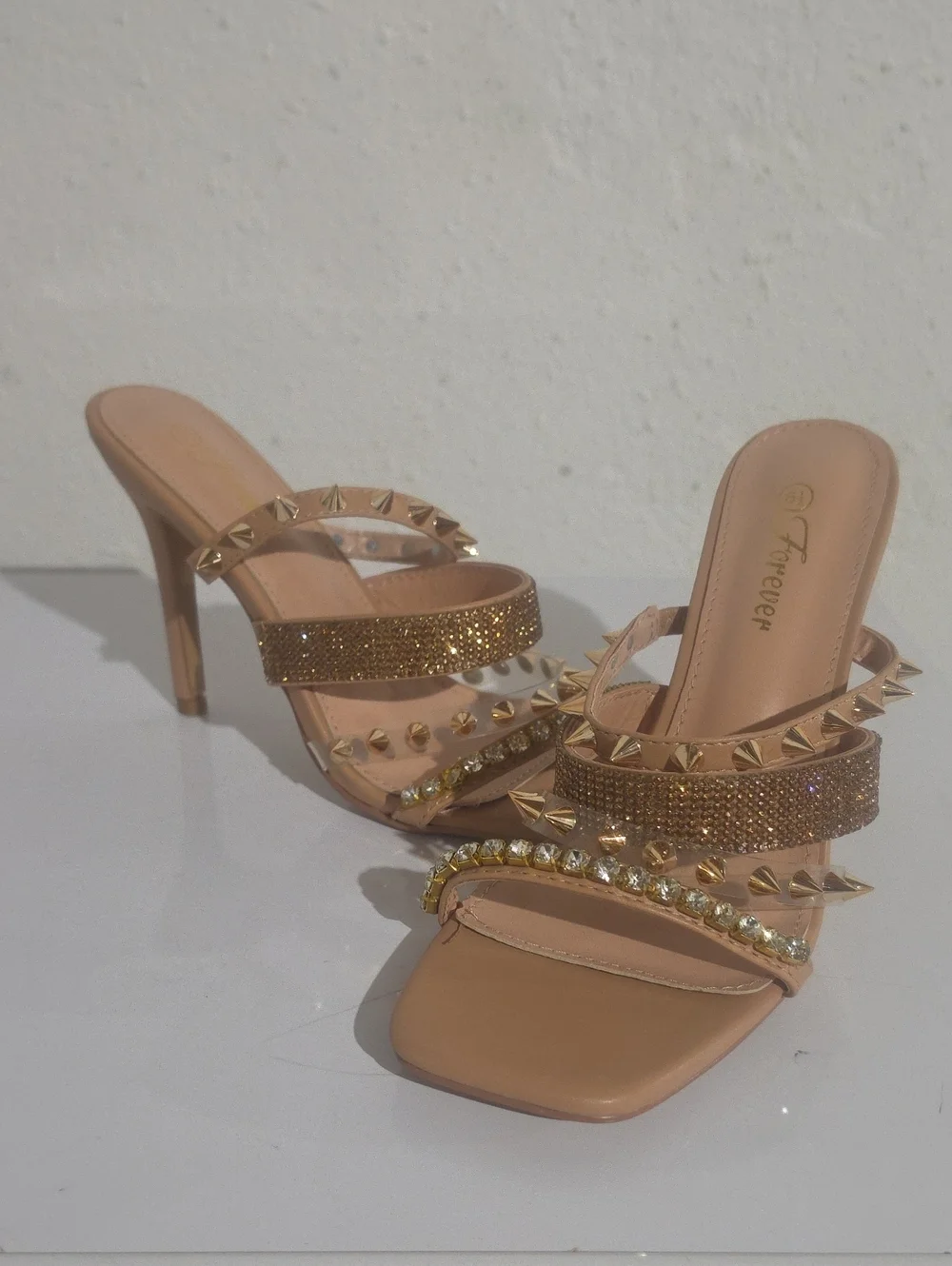 Forever 21 Nude and Gold Studded Rhinestone Heeled Slides